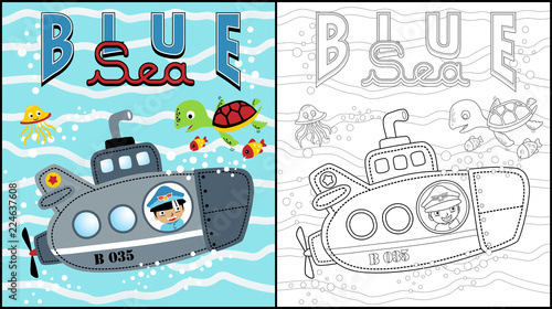 Submarine cartoon under blue sea, coloring book or page, vector cartoon illustration