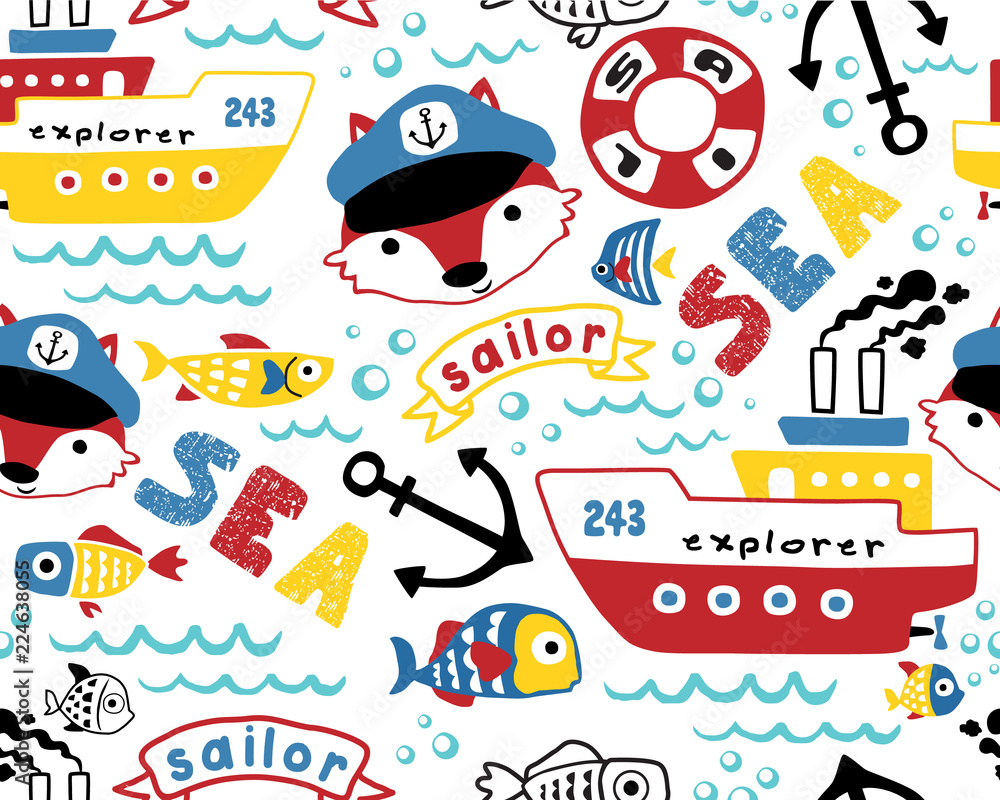 Fototapeta premium Seamless pattern vector of sailing equipments cartoon with funny captain