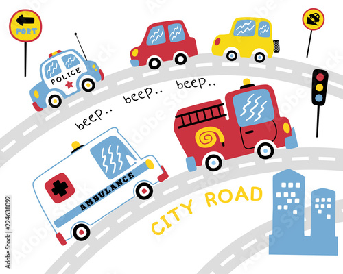 Vector set of various vehicles cartoon on the road
