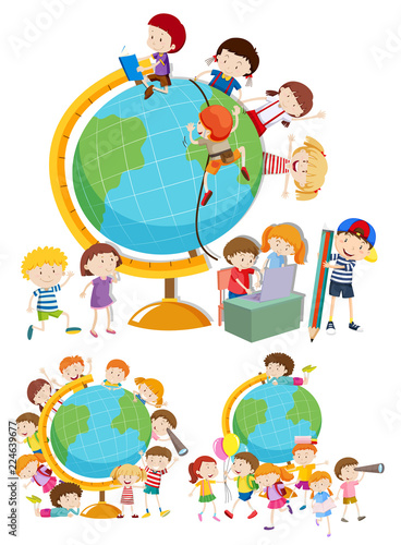Set of children and globes