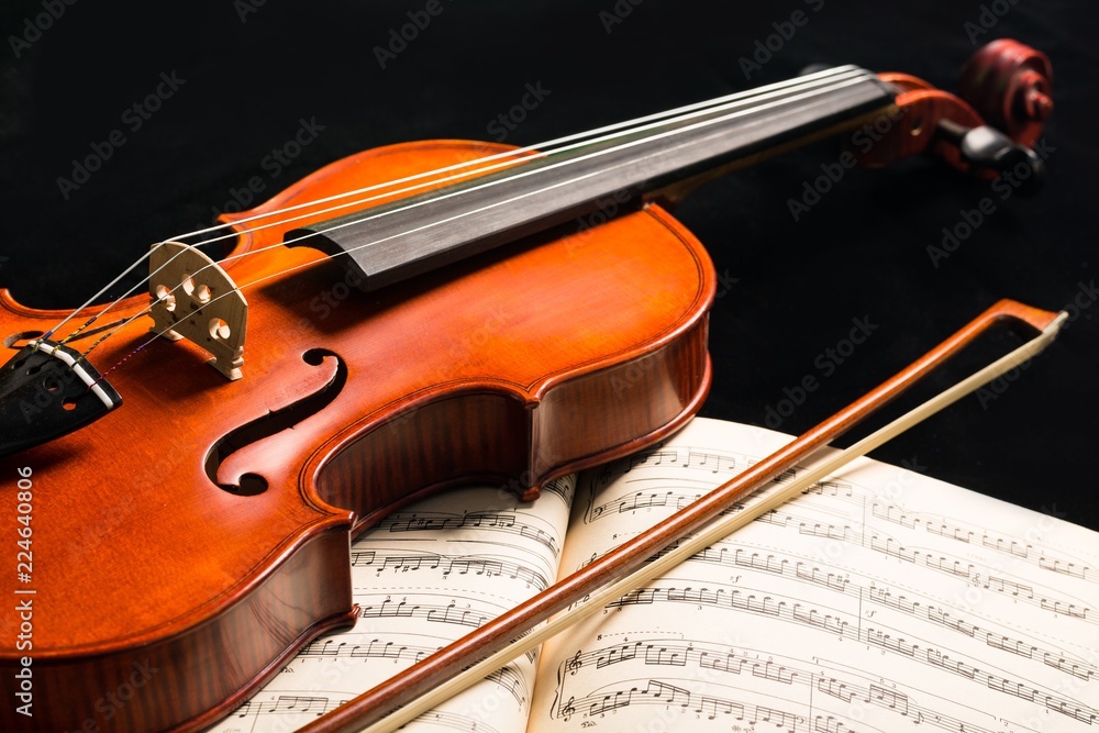Fototapeta premium Violin On Music Books Close-up