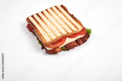 fresh sandwich close up with vegetables and meat isolated on white background