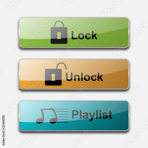 3D glossy action web button vector design. Lock, unlock, playlist button for website