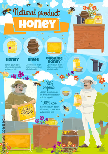 Honey farm and beekeeper in protective clothing
