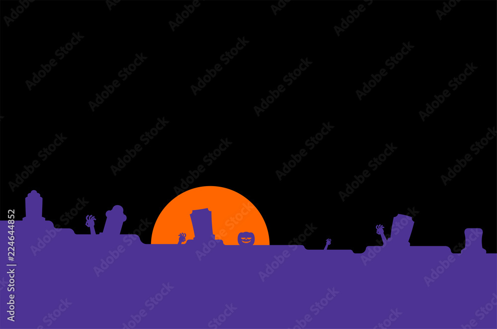 Halloween background horror. Cemetery and moon. Pumpkin and zombies. Skeletons. Scary Holiday Backdrop Vector Illustration