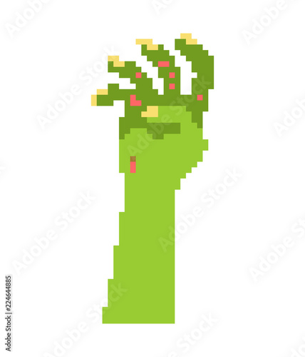 Zombie hand pixel art. Dead man from grave 8 bit. Halloween vector illustration