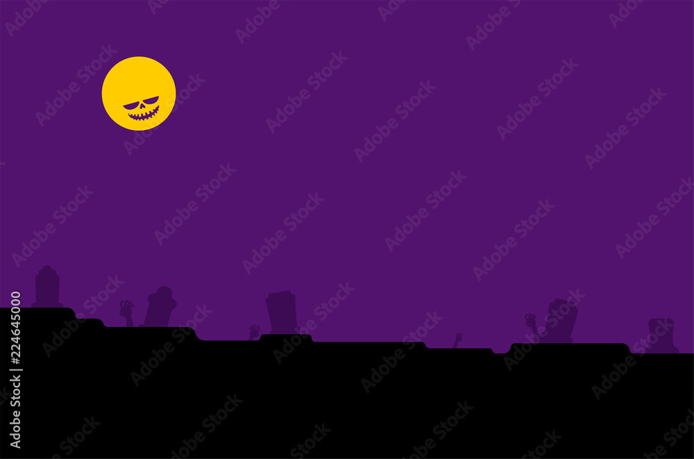 Halloween background horror. Cemetery and moon. Pumpkin and zombies. Skeletons. Scary Holiday Backdrop Vector Illustration