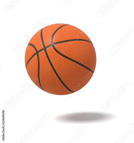 3d rendering of an orange basketball with black stripes over the ground on a white background.