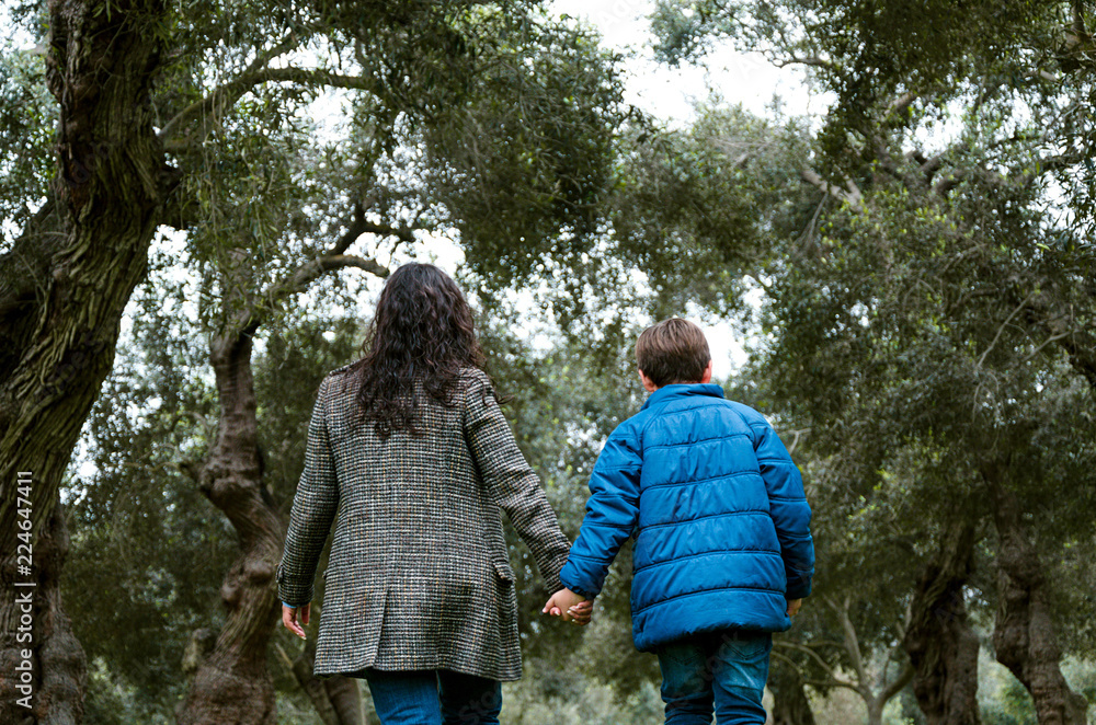 Mother and son holding hands walking in a park in autumn Mother and son holding hands walking in a park in autumn