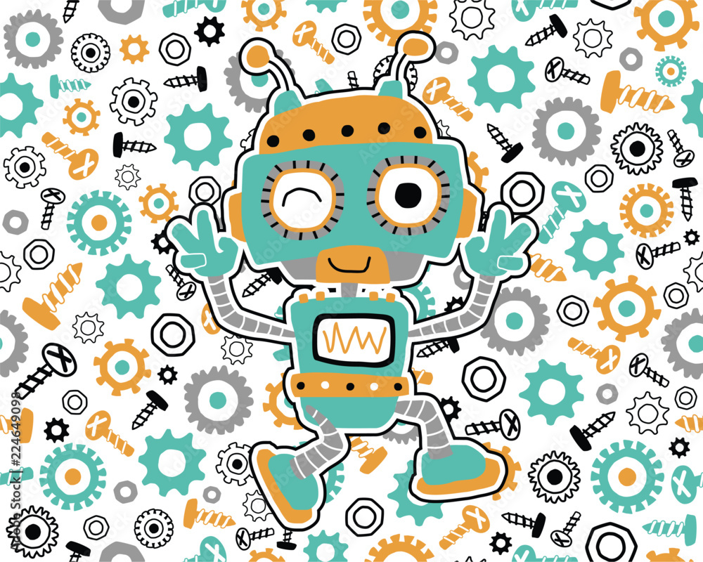 Fototapeta premium Seamless pattern vector with robot cartoon on bolt and nuts background