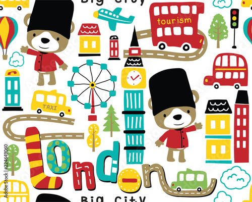 Seamless pattern vector with london city cartoon with funny royal guard