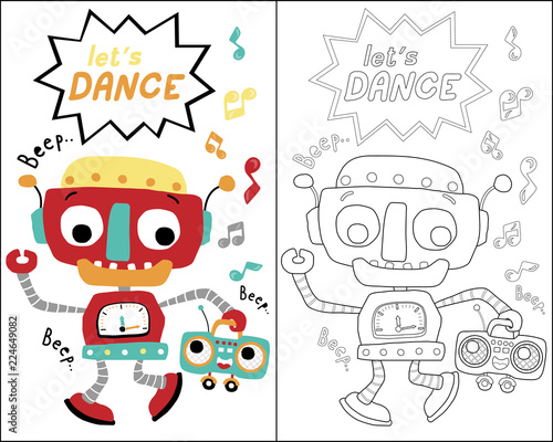 Vector of funny robot dance cartoon, coloring book or page