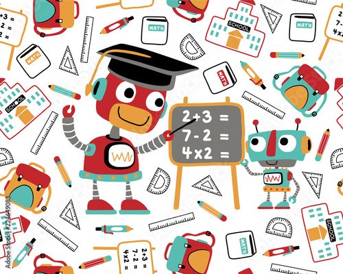 Seamless pattern vector with funny robots, back to school theme, students study equipment