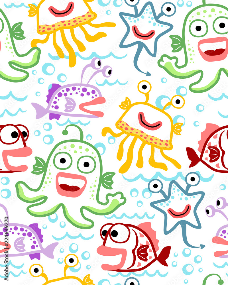 Seamless pattern vector with underwater monsters cartoon Seamless pattern vector with underwater monsters cartoon