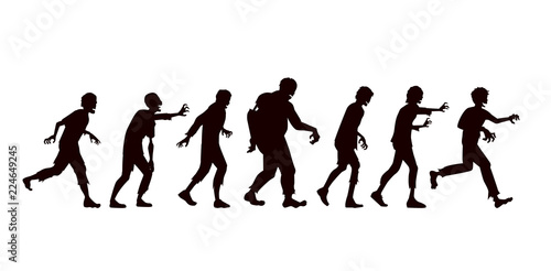 Silhouette Vector zombie group in side view walking on white background.