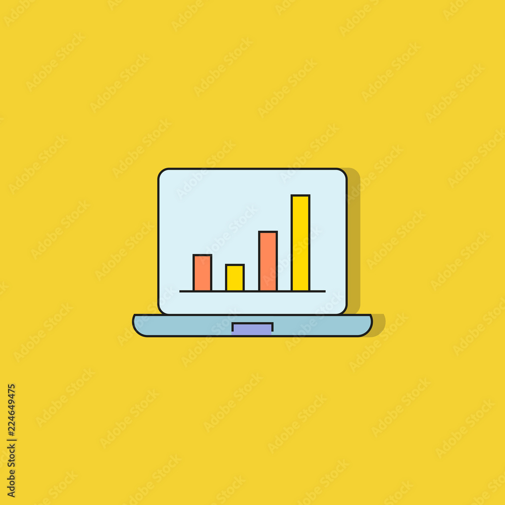 bar chart in laptop icon on yellow background bar chart in laptop icon on yellow background