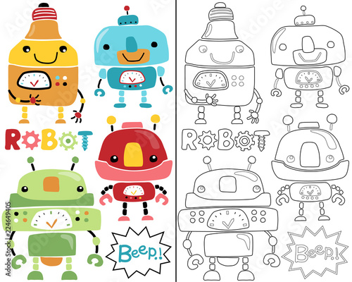 Vector illustration of robot set cartoon, coloring book or page