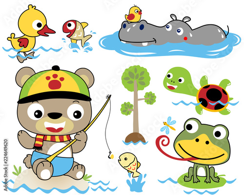 Vector set of funny animals cartoon in the swamp