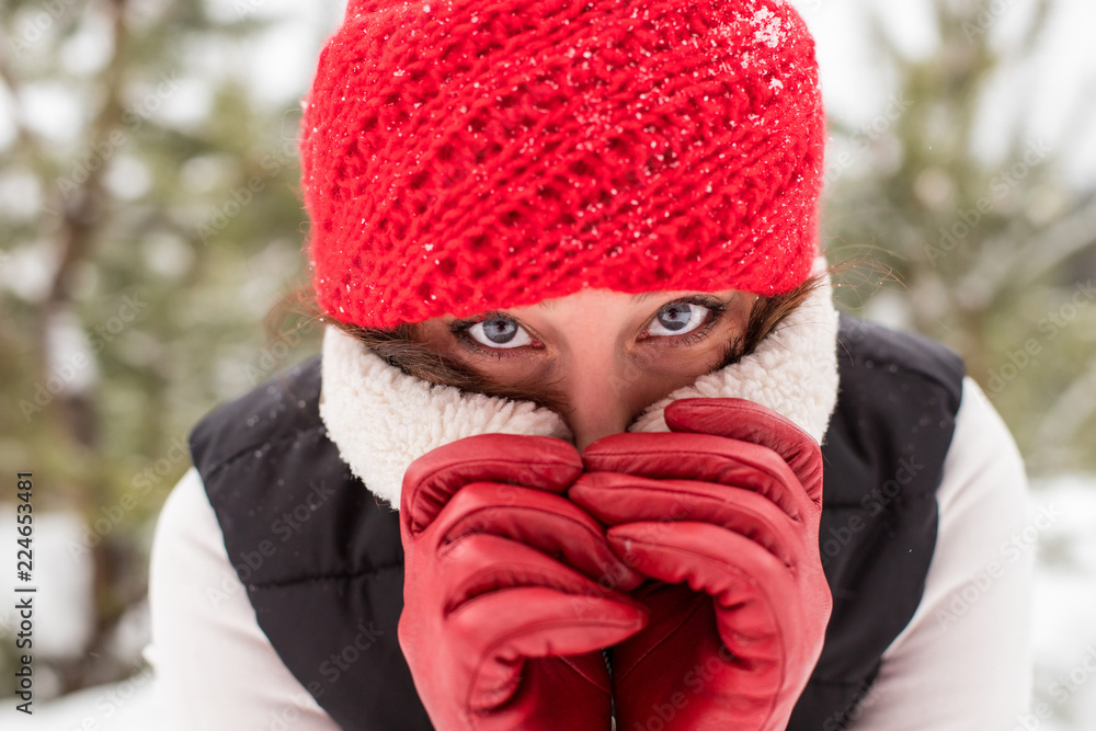 Portrait of girl in a red cap and warm jacket in the forest in a winter Portrait of girl in a red cap and warm jacket in the forest in a winter