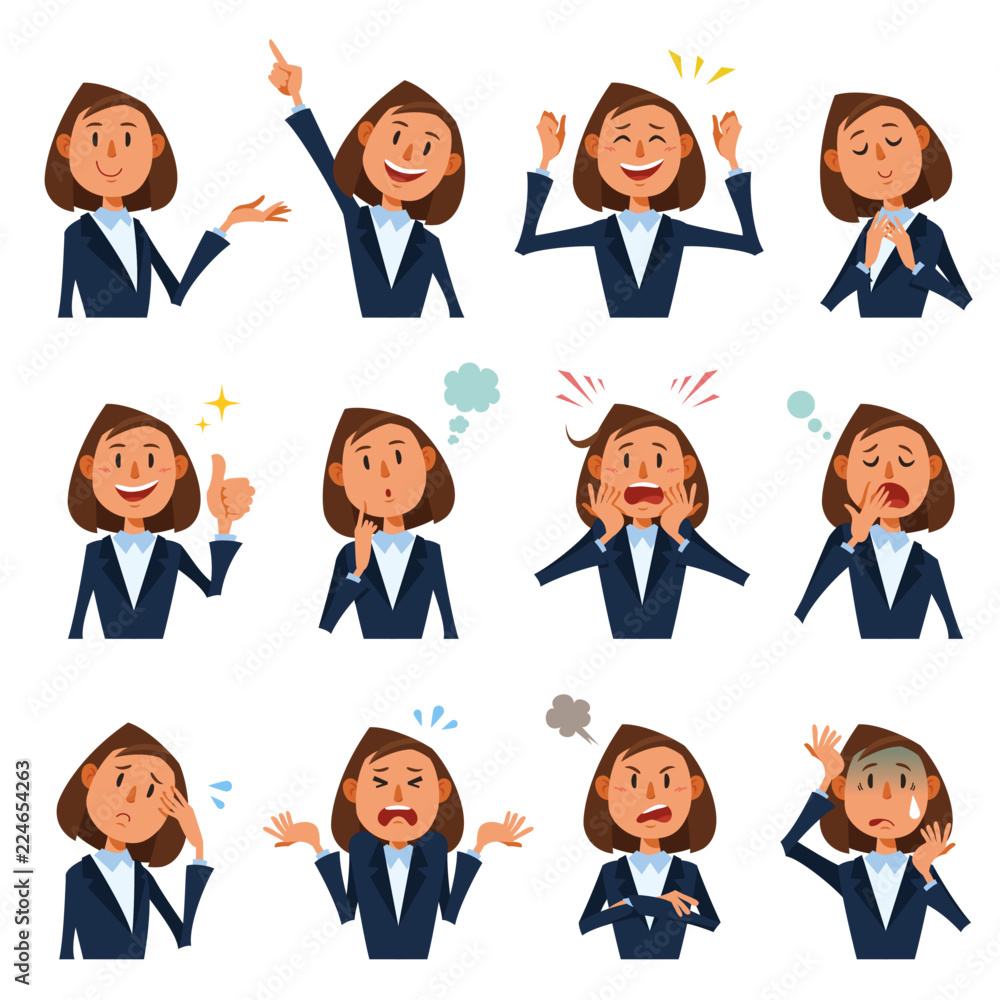 スーツを着た女性のバストアップ、様々な表情12種類。