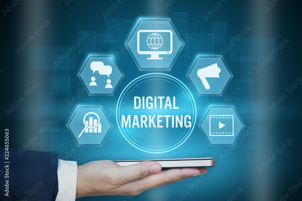 Businessman holding icon of Digital marketing technology concept,Creative design for banner.. Businessman holding icon of Digital marketing technology concept,Creative design for banner..
