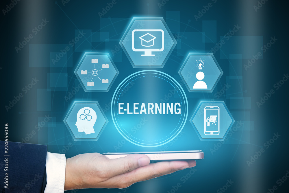 Businessman showing E-learning concept with line icon,Creative design for banner.. Businessman showing E-learning concept with line icon,Creative design for banner..