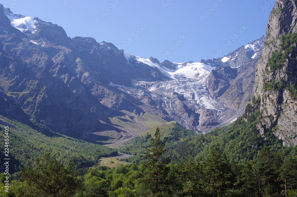 Valley in the mountains, overgrown with wood and glacier in the distance