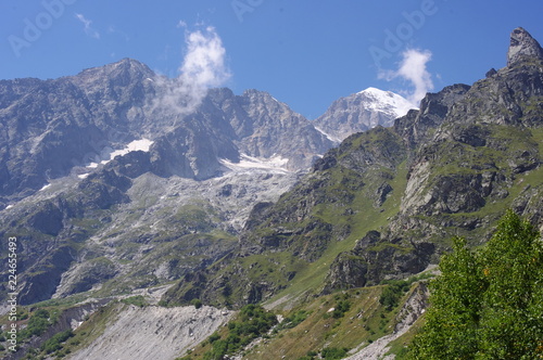 Mountain landscape with a glacier and forest on a sunny summer day