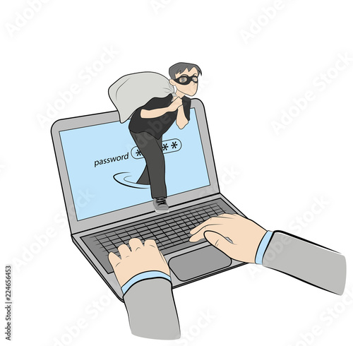 the person with the bag comes out of the computer. theft in the network. vector illustration.