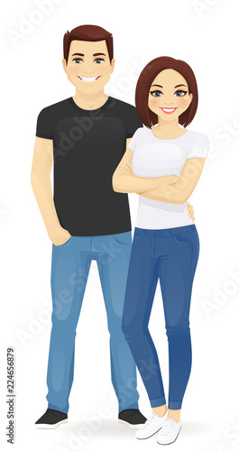 Couple of young people. Man and woman in jeans isolated vector illustration