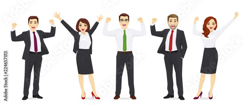 Happy business woman in suit jumping with hands up isolated vector illustration