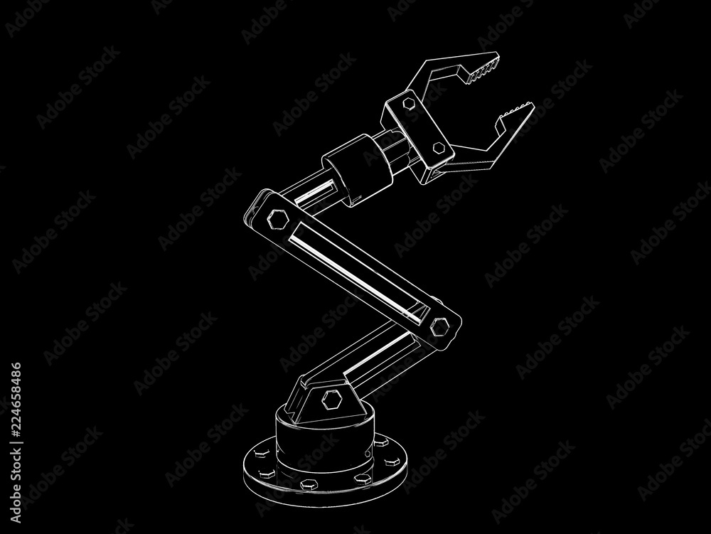 Robotic arm. Isolated on black background. Sketch illustration. Robotic arm. Isolated on black background. Sketch illustration.