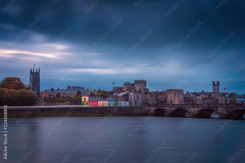 Beautiful panoramic view over medieval King John's Castle and River Shannon in Limerick city, Republic of Ireland