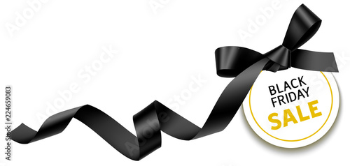 Decorative  black ribbon with bow and sale tag for black friday sale design on the corner of page. Vector illustration