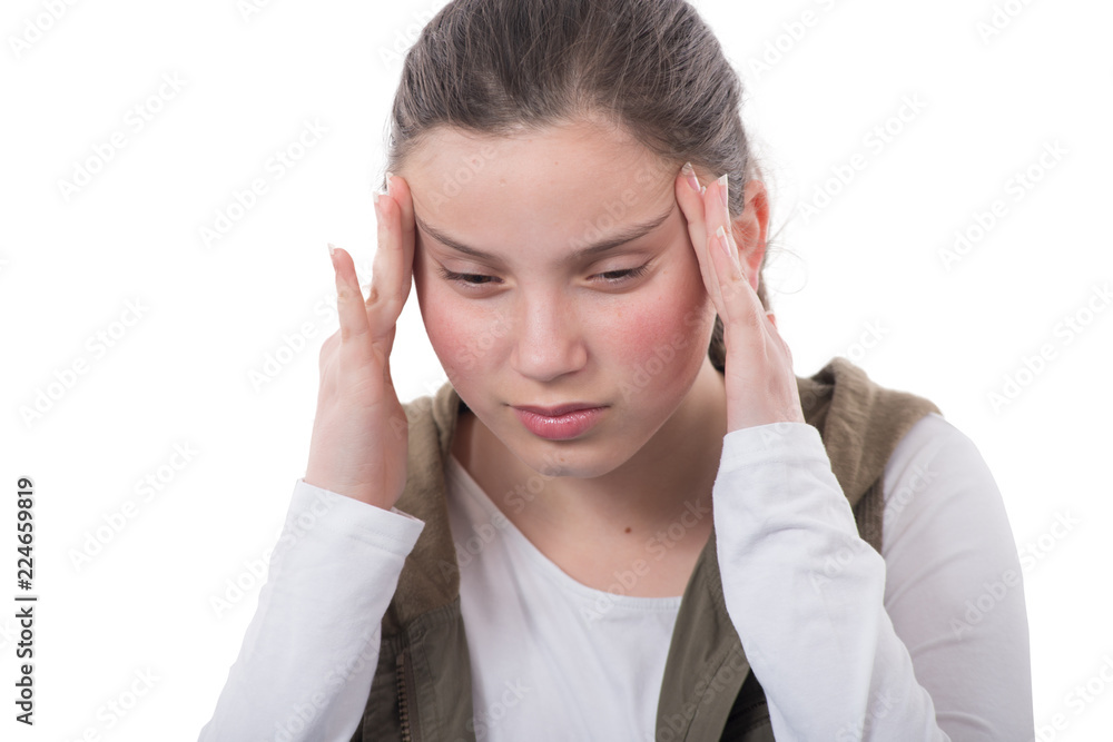 young teenager has headache on white background young teenager has headache on white background