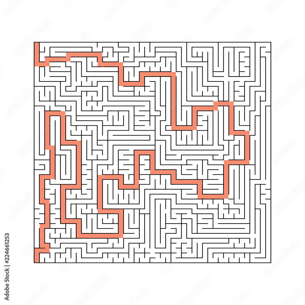 A square abstract labyrinth. An interesting and useful game for children and adults. A simple flat vector illustration on a white background. With the decision.