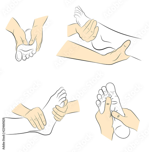 foot massage. hand movements for feet massage. medical recommendations. vector illustration.