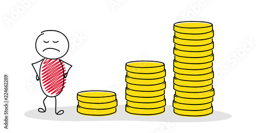 Angry stickman showing coin stacks graph. Vector.