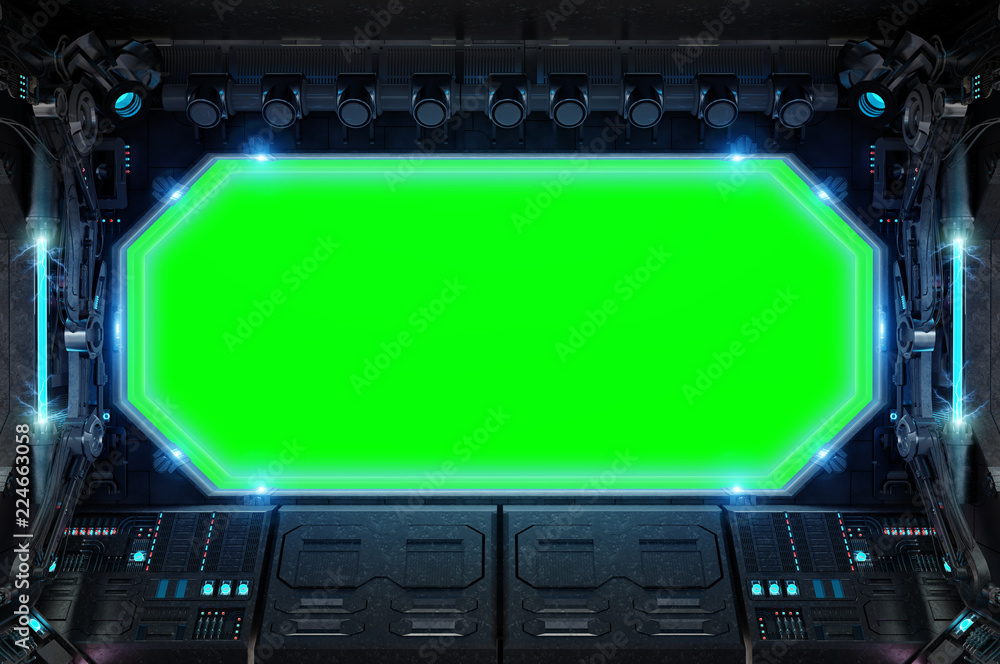 Obraz premium Dark spaceship interior with large window view 3D rendering