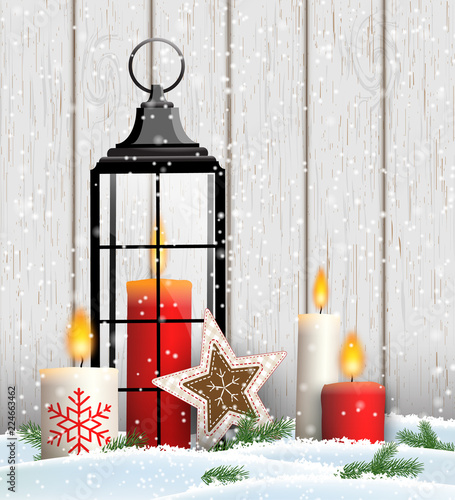 Christmas still-life with candles and old lantern