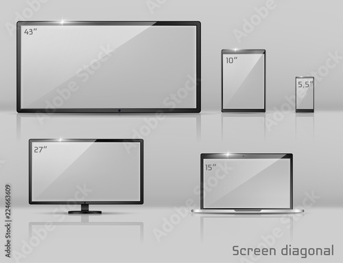 Vector 3d realistic set of different screens - notebook, smartphone or tablet. Modern technology in size variations. Widescreen TV, empty LCD display isolated on grey background. Digital objects.