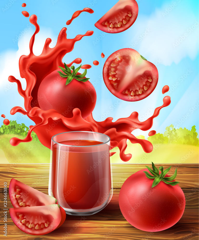 Vector 3d realistic promo banner with tomato juice in splashes, glass cup.  Red vegetable in slices and whole on wooden table. Advertising poster for  natural product. Package element, label design. Stock Vector