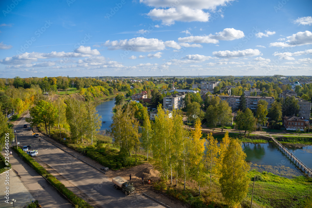 View of old town of Kashin and river Kashinka from bell tower of Ascension Cathedral, Tver Region, Russia
