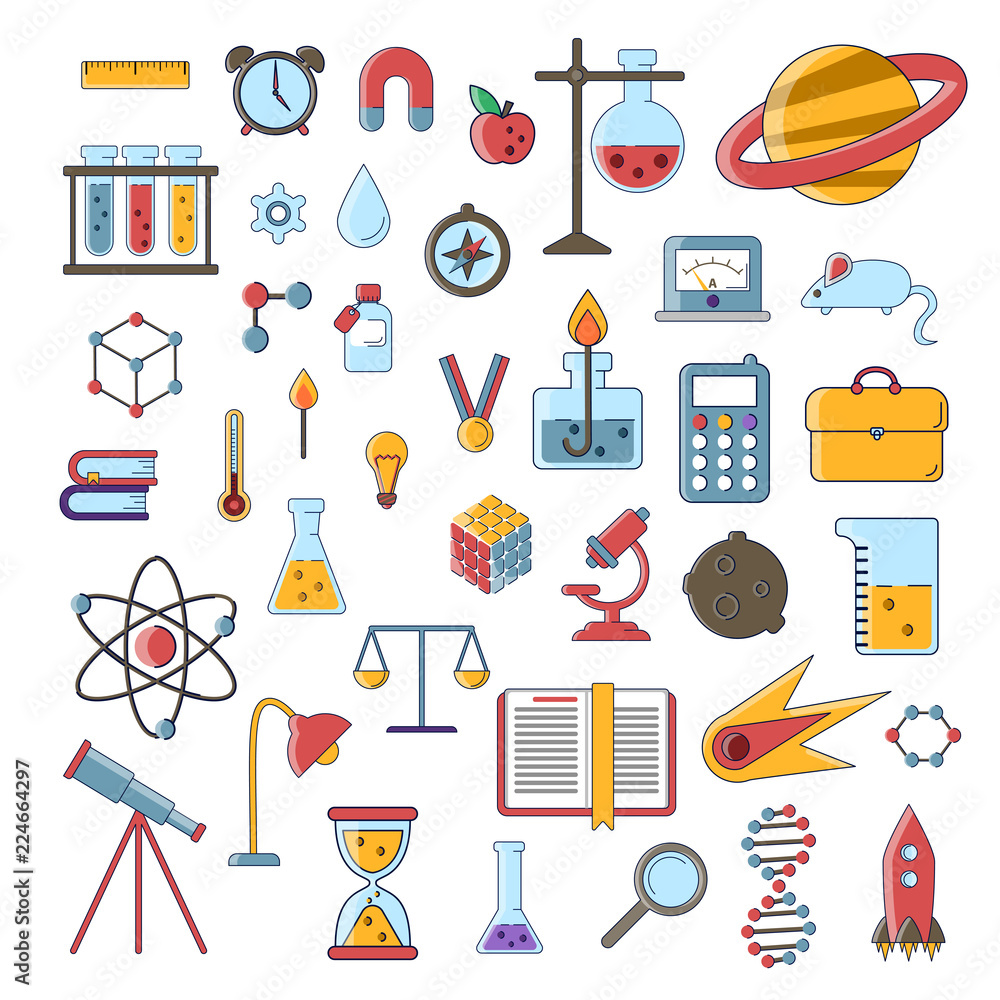 Vettoriale Stock Set of scientific vector flat icons, education ...