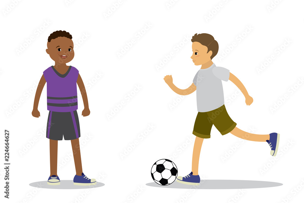 Happy children boys play soccer ball,kids characters isolated on white background