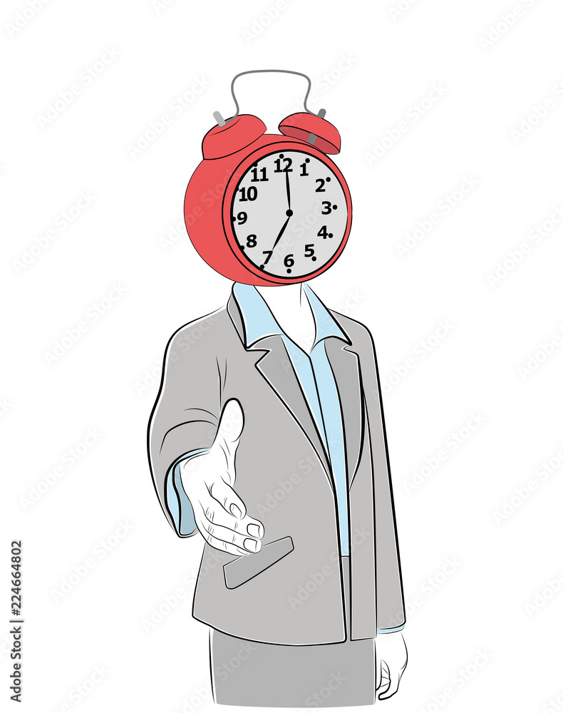 a man with an alarm clock on his head stretches out his hand. business relationship. vector illustration. a man with an alarm clock on his head stretches out his hand. business relationship. vector illustration.