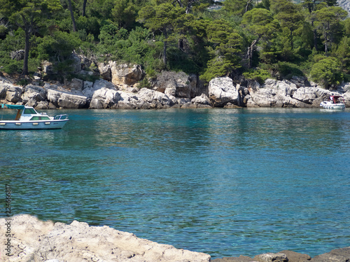 View of a beautiful rock beach in Lokrum island in a sunny summer day. Dubrovnik, Croata