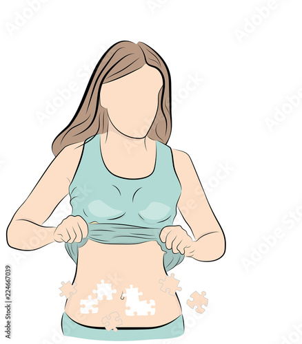 the woman has puzzles on her stomach. losing weight. excess weight. vector illustration.