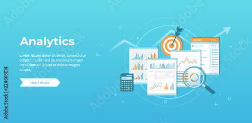 Business financial data analytics. Analysis, statistics, audit report. Documents with graphics, charts, magnifying glass, report, calculator, target. Vector illustration.