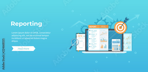 Financial report, business results, auditing, analysis. Laptop, documents, graphics, charts, notebook, calculator, magnifying glass, report, target. Vector illustration, conceptual banner 